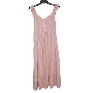 Boho Pink Ruffle Sleeveless Button Up Tiered Maxi Dress Size Small
